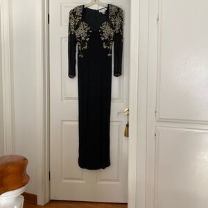 A.J. Bari Black and Gold Asymmetrical Gown with Embellished Pleats